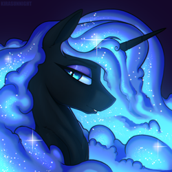 Size: 2000x2000 | Tagged: safe, artist:kirasunnight, derpibooru import, nightmare moon, alicorn, pony, bust, ethereal mane, female, hair over one eye, high res, looking at you, mare, nicemare moon, solo, starry mane