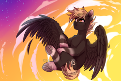 Size: 3000x2017 | Tagged: safe, artist:mediasmile666, derpibooru import, oc, oc only, pegasus, pony, cloud, flying, male, sky, spread wings, stallion, stars, wings