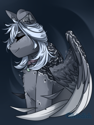 Size: 1484x1976 | Tagged: safe, artist:mediasmile666, derpibooru import, oc, oc only, pegasus, pony, abstract background, coat markings, collar, eyes closed, female, freckles, mare, sitting, solo, spread wings, wings