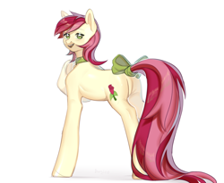 Size: 2800x2300 | Tagged: safe, artist:dundee, derpibooru import, roseluck, earth pony, pony, bow, butt, collar, commission, commissioner:doom9454, cute, long tail, pet tag, plot, pony pet, rosepet, tail bow