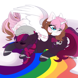 Size: 3000x3000 | Tagged: safe, artist:2pandita, derpibooru import, oc, oc only, alicorn, earth pony, pony, bow, female, glasses, mare, rainbow, simple background, tail bow, white background