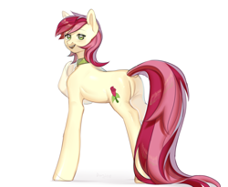 Size: 2800x2300 | Tagged: safe, alternate version, artist:dundee, derpibooru import, roseluck, earth pony, pony, collar, commission, commissioner:doom9454, cute, dock, long tail, pet tag, pony pet, rosepet