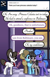 Size: 635x960 | Tagged: safe, artist:esuka, derpibooru import, beauty brass, frederic horseshoepin, octavia melody, parish nandermane, raven, earth pony, unicorn, ask-canterlot-musicians, bowtie, canterlot, canterlot castle, female, glasses, grand galloping gala, hair bun, male, mare, necktie, ravenbetes, secretary, stallion