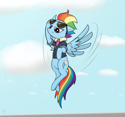 Size: 3200x3000 | Tagged: safe, artist:underwoodart, derpibooru import, rainbow dash, pegasus, pony, the last problem, clothes, cloud, female, flight of the valkryrie, flying, jacket, older, older rainbow dash, simple background, solo, sunshine