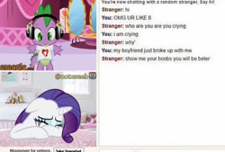 Size: 1066x720 | Tagged: safe, derpibooru import, edit, edited screencap, editor:notxweeb, screencap, rarity, spike, dragon, pony, unicorn, green isn't your color, carousel boutique, clothes, crying, drama queen, female, headphones, irl, makeup, male, meme, omegle, photo, running makeup, shirt, watermark