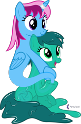 Size: 4000x6063 | Tagged: safe, artist:parclytaxel, derpibooru import, oc, oc only, oc:morpha, oc:parcly taxel, alicorn, genie pony, goo, goo pony, original species, pony, .svg available, absurd resolution, ain't never had friends like us, albumin flask, bottle, female, genie, hug, looking down, looking up, mare, monthly reward, simple background, sitting, smiling, stuck, transparent background, vector