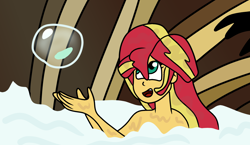 Size: 1900x1100 | Tagged: safe, artist:jadethepegasus, derpibooru import, sunset shimmer, fanfic:sunset shimmer discovers her feet, equestria girls, bathing, bathtub, bubble, bubble bath, crossover, fanfic art, nudity, solo, the little mermaid