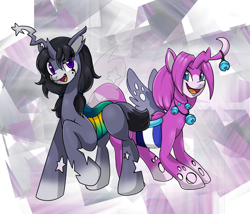 Size: 1560x1338 | Tagged: safe, artist:scittykitty, derpibooru import, oc, oc only, changeling, changeling queen, :d, abstract background, changeling queen oc, duo, open mouth, raised hoof, raised leg, smiling