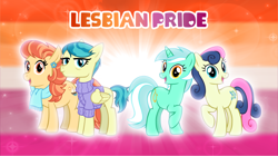 Size: 5360x3009 | Tagged: safe, artist:andoanimalia, derpibooru import, aunt holiday, auntie lofty, bon bon, lyra heartstrings, sweetie drops, female, lesbian, lesbian pride flag, lofty day, lyrabon, pride, pride flag, shipping