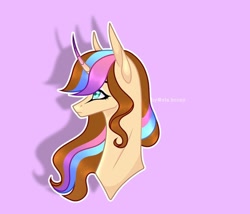 Size: 1080x926 | Tagged: safe, artist:sia.brony, derpibooru import, oc, oc only, oc:sia, pony, unicorn, bust, curved horn, female, horn, mare, purple background, signature, simple background, solo, unicorn oc