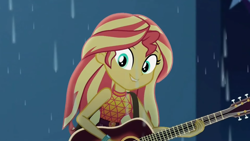 Size: 1920x1083 | Tagged: safe, derpibooru import, screencap, sunset shimmer, better together, equestria girls, let it rain, guitar, musical instrument, sleeveless, solo