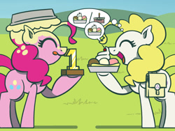Size: 1800x1350 | Tagged: safe, artist:flutterluv, derpibooru import, pinkie pie, surprise, earth pony, pony, atg 2021, bag, duo, food, ice cream, newbie artist training grounds, pie, pied, saddle bag, smiling, speech bubble, thought bubble, tongue, tongue out, trophy