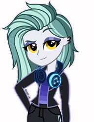 Size: 1448x1888 | Tagged: safe, artist:skyfallfrost, derpibooru import, oc, oc:dj silento, equestria girls, clothes, female, headphones, simple background, solo, transparent background