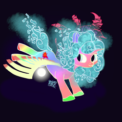 Size: 3000x3000 | Tagged: safe, artist:umbrapone, derpibooru import, oc, oc:destiny, alicorn, dark background, dharkon, female, filly, galeem, glowing eyes, glowing horn, glowing mane, horn, rainbow, wings