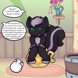 Size: 894x894 | Tagged: safe, artist:zombineko, derpibooru import, oc, oc only, oc:zenawa skunkpony, earth pony, hybrid, skunk, skunk pony, bathroom, chamber pot, diaper, flower, foal, implied fluttershy, implied peeing, implied pooping, offscreen character, potty training, raised tail, sitting, speech bubble, tail, tongue, tongue out