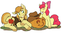 Size: 1200x650 | Tagged: safe, artist:askbrae-burn, derpibooru import, apple bloom, braeburn, cousins, female, filly, hat, male, pumpkin, stallion