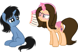 Size: 642x429 | Tagged: safe, artist:guruyunus17, derpibooru import, oc, oc:hsu amity, oc:siti shafiyyah, alicorn, pony, unicorn, c, crying, d, duo, duo female, f, female, glasses, grades, magic, mare, report card, simple background, telekinesis, transparent background