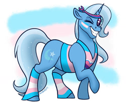 Size: 1280x1051 | Tagged: safe, artist:bellbell123, derpibooru import, trixie, pony, unicorn, bisexual, bisexual pride flag, bisexuality, clothes, grin, headband, headcanon, lgbt headcanon, looking at you, one eye closed, pride, pride flag, smiling, socks, solo, striped socks, trans trixie, transgender, transgender pride flag, vest, wink