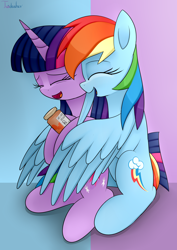 Size: 2480x3507 | Tagged: safe, artist:twidasher, derpibooru import, rainbow dash, twilight sparkle, pegasus, pony, duo, eyes closed, fanfic art, female, happy, hug, lesbian, mare, medicine, pill bottle, pills, shipping, signature, twidash, winghug, wings