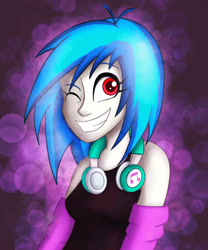 Size: 2500x3000 | Tagged: safe, artist:insomniaqueen, derpibooru import, dj pon-3, vinyl scratch, equestria girls, female, grin, headphones, one eye closed, red eyes, smiling, solo, wink, wrong eye color