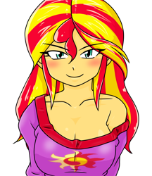 Size: 640x740 | Tagged: safe, alternate version, artist:batipin, derpibooru import, sunset shimmer, equestria girls, blushing, breasts, cleavage, clothes, looking at you, pajamas, simple background, smiling, solo, sunset jiggler, transparent background