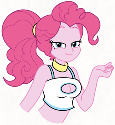 Size: 621x673 | Tagged: safe, artist:ygr64, derpibooru import, pinkie pie, equestria girls, bedroom eyes, boob window, breasts, cleavage, female, looking at you, midriff, pinkie pies, simple background, smiling, solo, white background