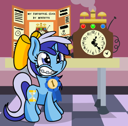 Size: 1920x1900 | Tagged: safe, artist:dinkyuniverse, derpibooru import, minuette, pony, unicorn, adorkable, atg 2021, bow, braces, cute, dork, female, filly, filly minuette, grin, hair bow, invention, minubetes, newbie artist training grounds, science fair, smiling, solo, younger