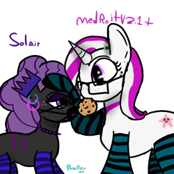 Size: 1000x1000 | Tagged: safe, artist:pawker, derpibooru import, oc, oc:medroit, oc:solair, earth pony, unicorn, clothes, collar, cookie, crown, cute, earth pony oc, female, food, glasses, horn, jewelry, mare, pat, patting, regalia, socks, swamp cinema, unicorn oc