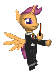 Size: 516x677 | Tagged: safe, derpibooru import, scootaloo, changeling, changepony, hybrid, pegasus, 3d, clothes, female, harry potter, pegaling, race swap, uniform