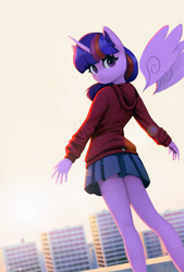 Size: 1500x2224 | Tagged: safe, artist:mrscroup, derpibooru import, twilight sparkle, twilight sparkle (alicorn), alicorn, anthro, blushing, clothes, female, floating wings, hoodie, looking at you, looking back, looking back at you, looking over shoulder, mare, palindrome get, rear view, skirt, skyscraper, solo, wings