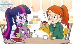 Size: 2475x1495 | Tagged: safe, artist:nendo, derpibooru import, sci-twi, spike, spike the regular dog, twilight sparkle, dog, equestria girls, atticus (infinity train), book, clothes, commission, crossover, crystal prep academy uniform, cup, cute, glasses, hoodie, infinity train, remote, school uniform, shiba inu, shibe, spikabetes, teacup, tulip olsen, twiabetes