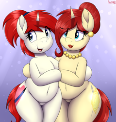 Size: 2865x3000 | Tagged: safe, artist:an-tonio, derpibooru import, oc, oc only, oc:golden brooch, oc:silver draw, pony, unicorn, belly button, bipedal, chubby, duo, duo female, eye clipping through hair, female, high res, horn, mother and child, mother and daughter, open mouth, open smile, parent and child, smiling, unicorn oc