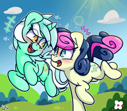 Size: 2760x2416 | Tagged: safe, artist:lou, derpibooru import, bon bon, lyra heartstrings, sweetie drops, earth pony, pony, blushing, female, happy, heart, lesbian, looking at each other, lyrabon, shipping, smiling, sparkles