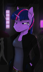 Size: 3000x5000 | Tagged: safe, artist:apuljack, derpibooru import, twilight sparkle, alicorn, anthro, breasts, cleavage, cyberpunk, ear fluff, ears, hands in pockets, rain, solo