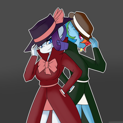 Size: 4000x4000 | Tagged: safe, artist:caoscore, derpibooru import, rainbow dash, rarity, anthro, clothes, detective rarity, female, hat, hat tip, lesbian, raridash, shipping