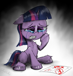 Size: 1500x1551 | Tagged: safe, artist:chopsticks, derpibooru import, twilight sparkle, unicorn twilight, pony, unicorn, atg 2021, braces, cheek fluff, chest fluff, crying, ears, f, fail, female, filly, filly twilight sparkle, floppy ears, newbie artist training grounds, sad, simple background, sitting, solo, teeth, unshorn fetlocks, younger