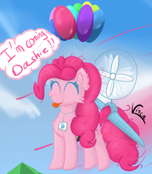 Size: 2843x3245 | Tagged: safe, artist:vinca, derpibooru import, pinkie pie, earth pony, pony, :p, balloon, cloud, eyes closed, fan, flying, smiling, solo, tongue, tongue out