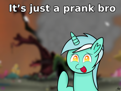 Size: 2000x1500 | Tagged: safe, artist:limitmj, derpibooru import, edit, edited screencap, screencap, lyra heartstrings, pony, unicorn, twilight's kingdom, destruction, female, golden oaks library, it's just a prank bro, l.u.l.s., meme, prank, ruins, solo