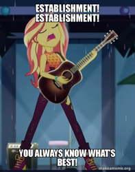 Size: 527x668 | Tagged: safe, derpibooru import, edit, edited screencap, screencap, sunset shimmer, better together, equestria girls, let it rain, caption, cropped, family guy, guitar, image macro, makeameme.org, musical instrument, solo, text