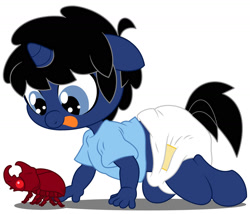 Size: 1600x1372 | Tagged: safe, artist:evilfrenzy, derpibooru import, oc, oc only, oc:frenzy, anthro, beetle, insect, unguligrade anthro, unicorn, age regression, all fours, crawling, ear down, foal, looking down, rugrats, shadow, solo, tongue, tongue out