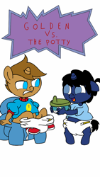 Size: 600x1067 | Tagged: safe, derpibooru import, oc, oc:frenzy, oc:golden crest, oc:ned, anthro, unguligrade anthro, unicorn, age regression, angry, bottomless, clothes, cup, diaper, gritted teeth, nudity, offering, open mouth, partial nudity, potty training, rugrats, shoes, sippy cup, sitting, title card, training potty