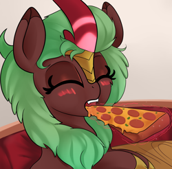 Size: 2044x2013 | Tagged: safe, artist:illusion, derpibooru import, cinder glow, summer flare, kirin, blushing, eating, eyes closed, food, levitation, magic, open mouth, pizza, telekinesis, tomatoes