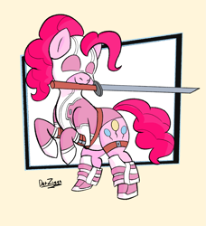 Size: 2595x2846 | Tagged: safe, artist:datzigga, derpibooru import, pinkie pie, earth pony, pony, clothes, cosplay, costume, gwenpool, mouth hold, sword, weapon