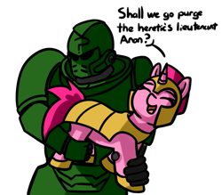 Size: 781x683 | Tagged: safe, artist:neuro, oc, oc only, oc:anon, human, pony, unicorn, armor, cute, dialogue, eyes closed, female, guardsmare, helmet, holding a pony, hoof shoes, horn, innocent guardsmares, male, mare, open mouth, pony gun, royal guard, simple background, unicorn oc, warhammer (game), warhammer 40k, white background