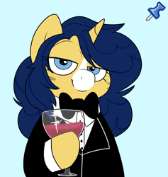 Size: 782x824 | Tagged: safe, artist:2k.bugbytes, oc, oc only, oc:flash reboot, pony, unicorn, acres avatar, alcohol, clothes, female, glass, looking at you, solo, tuxedo, wine, wine glass