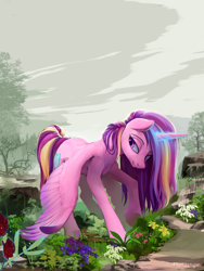 Size: 1600x2130 | Tagged: safe, artist:anonymous, artist:viwrastupr, edit, princess cadance, alicorn, pony, facial reconstruction, female, flower, glowing horn, horn, magic, mare, outdoors, redraw, solo, tree