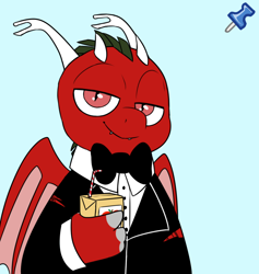 Size: 782x824 | Tagged: safe, artist:2k.bugbytes, oc, oc:dragonfire(havock), dracony, hybrid, acres avatar, bowtie, claws, clothes, horns, juice, juice box, ripping clothes, solo, tuxedo, wings