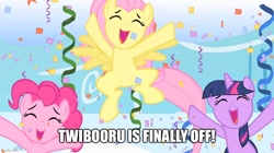 Size: 888x499 | Tagged: editor needed, safe, edit, edited screencap, screencap, fluttershy, pinkie pie, twilight sparkle, sonic rainboom (episode), cheering, confetti, image macro, open mouth, twibooru