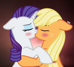 Size: 2085x1887 | Tagged: safe, artist:banquo0, derpibooru import, applejack, rarity, earth pony, pony, unicorn, blushing, bust, eyes closed, female, kissing, lesbian, rarijack, shipping