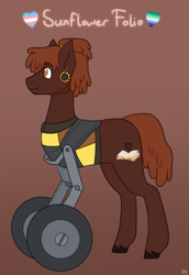 Size: 841x1225 | Tagged: safe, artist:greenarsonist, derpibooru import, oc, oc only, oc:sunflower folio, earth pony, pony, brown background, clothes, colored pupils, disability, disabled, ear piercing, earring, earth pony oc, facial hair, gay pride flag, jewelry, male, piercing, ponytail, pride, pride flag, sideburns, simple background, smiling, solo, trans male, transgender, transgender pride flag, vest, wheelchair